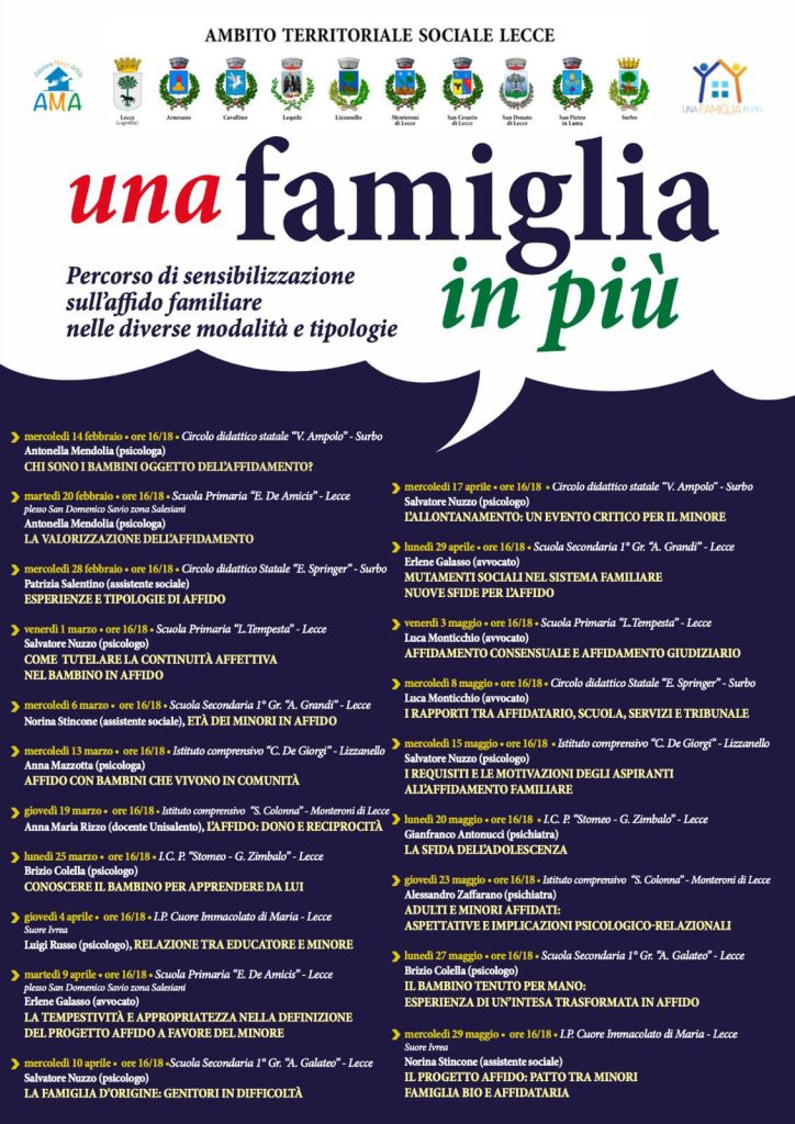 Incontri di sensibilizzazione della comunità sul tema dell’affido familiare, attraverso il dialogo con diversi esperti.